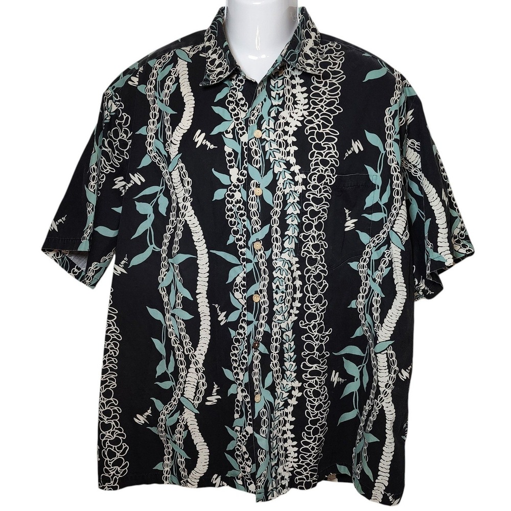 Mamo Howell Mens 2XL Hawaiian Shirt Black Teal Lei Print Made in Hawaii Aloha